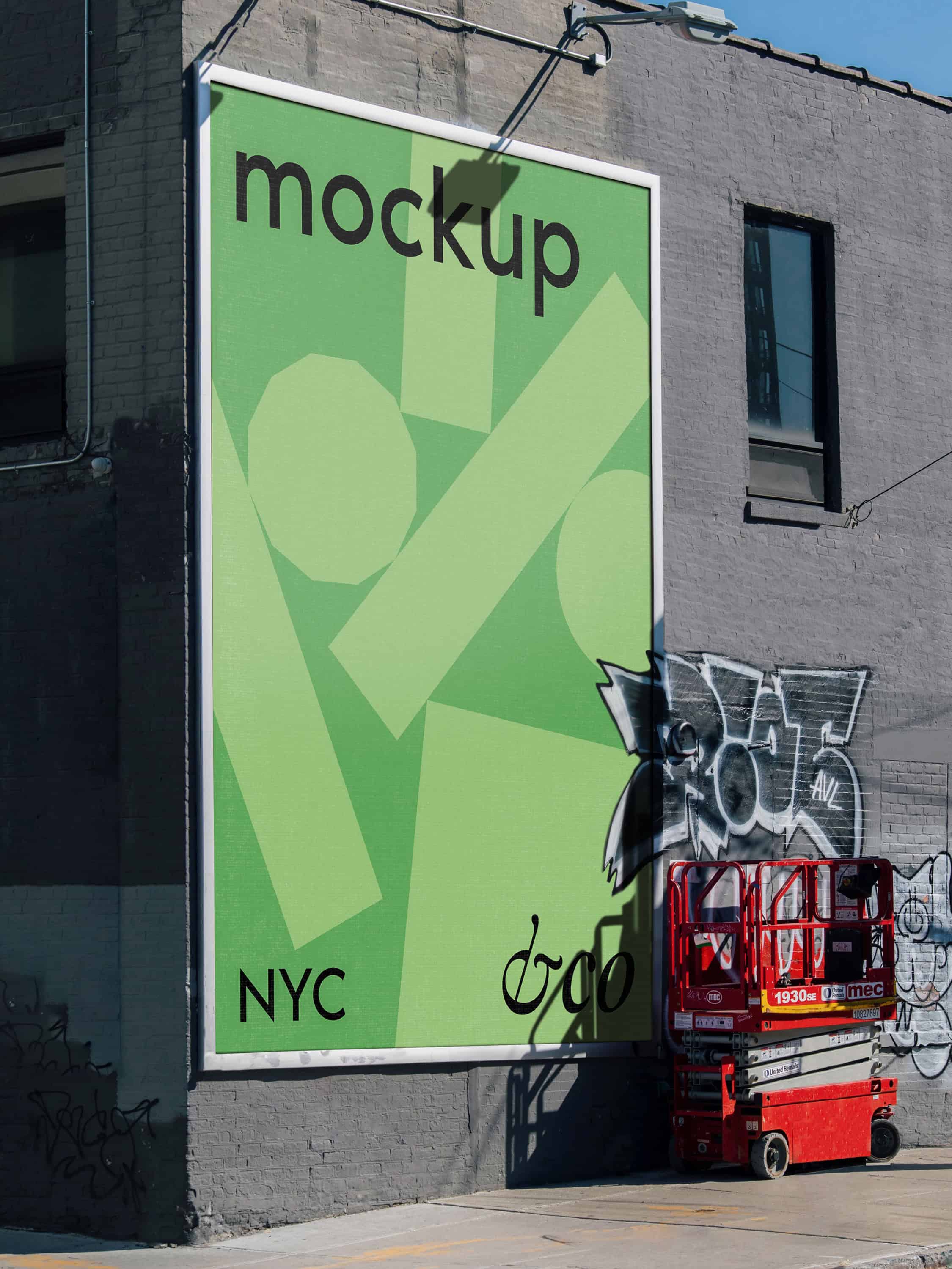 Realistic New York City billboard mockup with customisable Smart Object, featuring urban graffiti elements.
