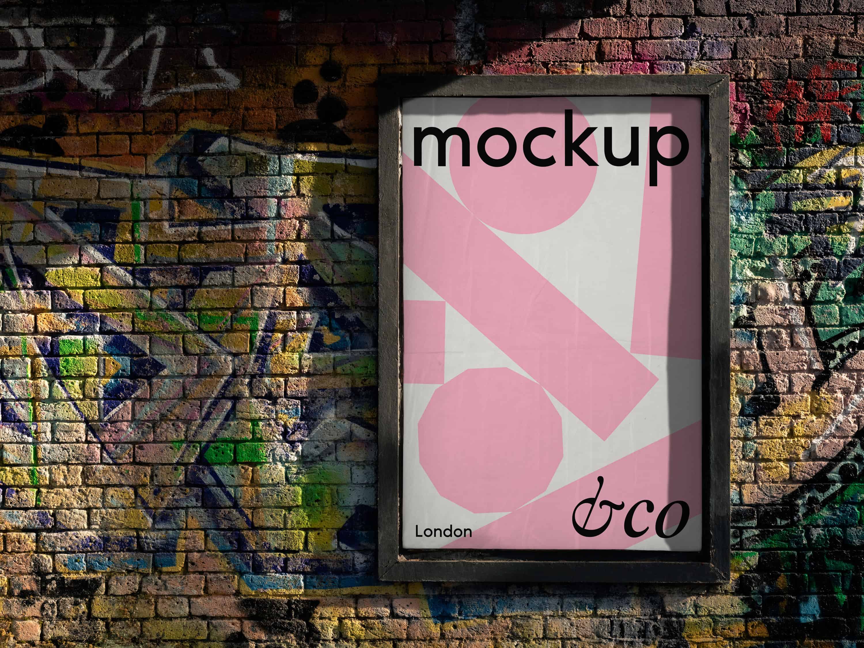 High-quality customizable London poster mockup featuring a Shoreditch backdrop with graffiti art, ideal for displaying street art, advertising, and creative artwork
