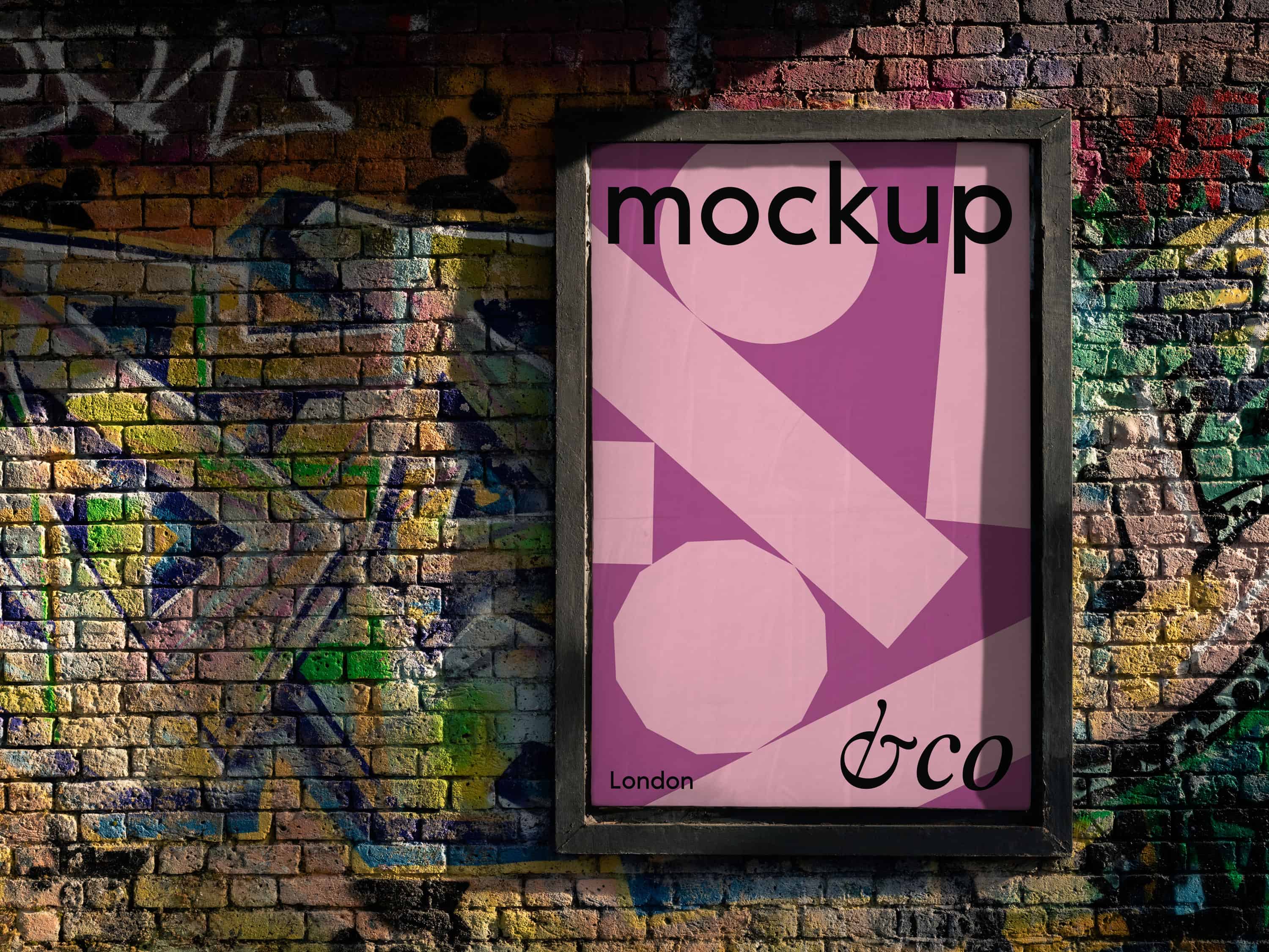 London city street scene poster mockup with colorful graffiti in Shoreditch, perfect for urban-themed designs, street art, and promotional projects