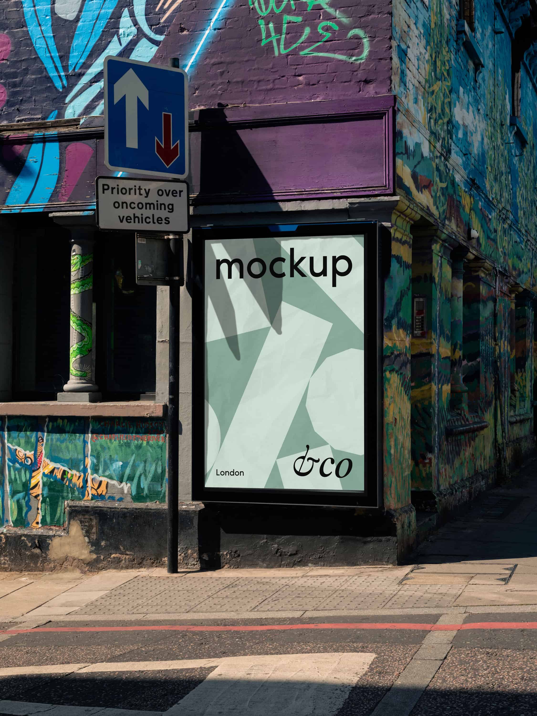 Customizable London city poster mockup featuring a roadside scene in East London, ideal for showcasing street art, advertising, and urban design projects