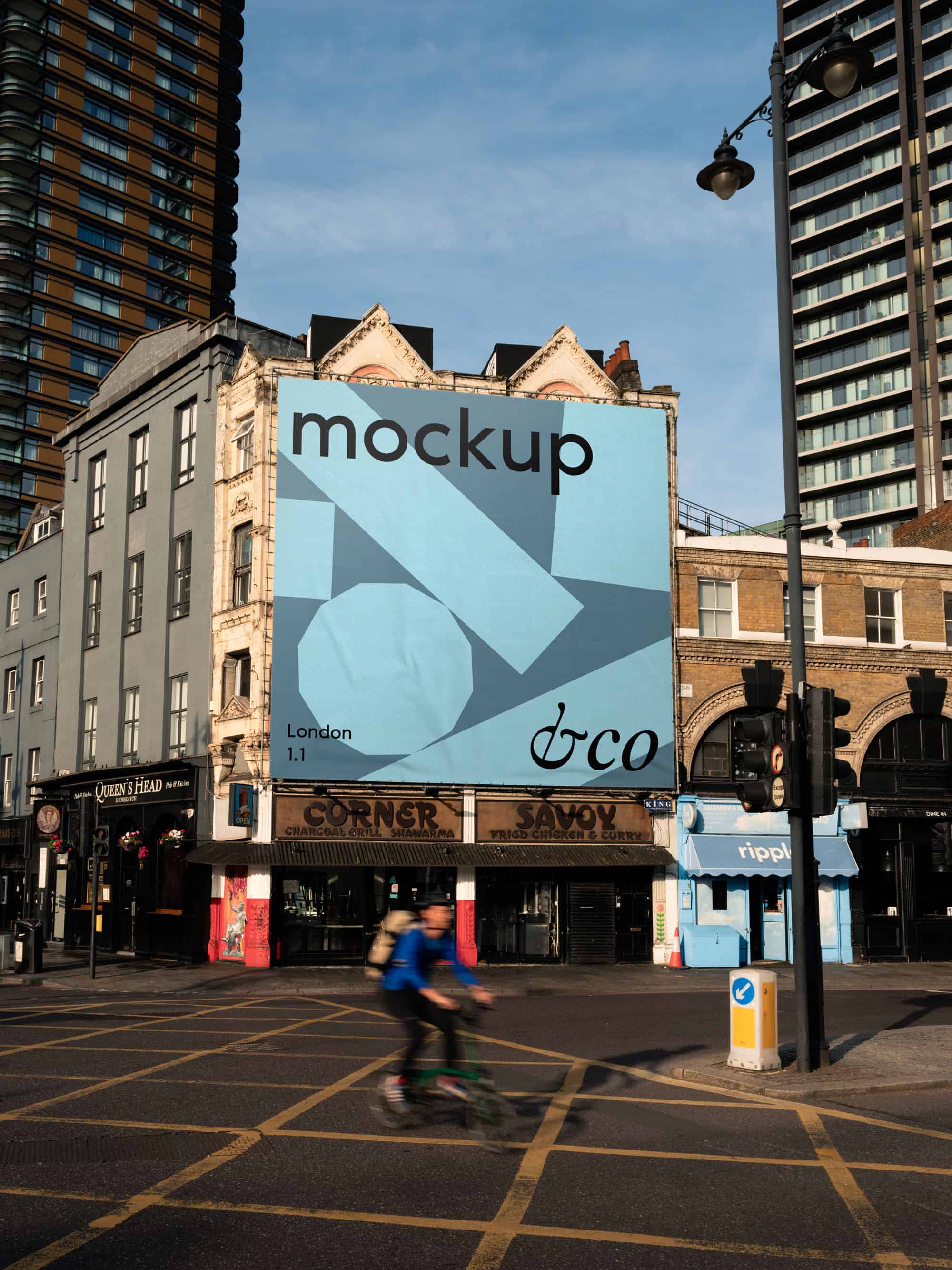 Customisable PSD poster mockup featuring a Shoreditch street scene, ideal for displaying your designs, artwork, or promotional posters
