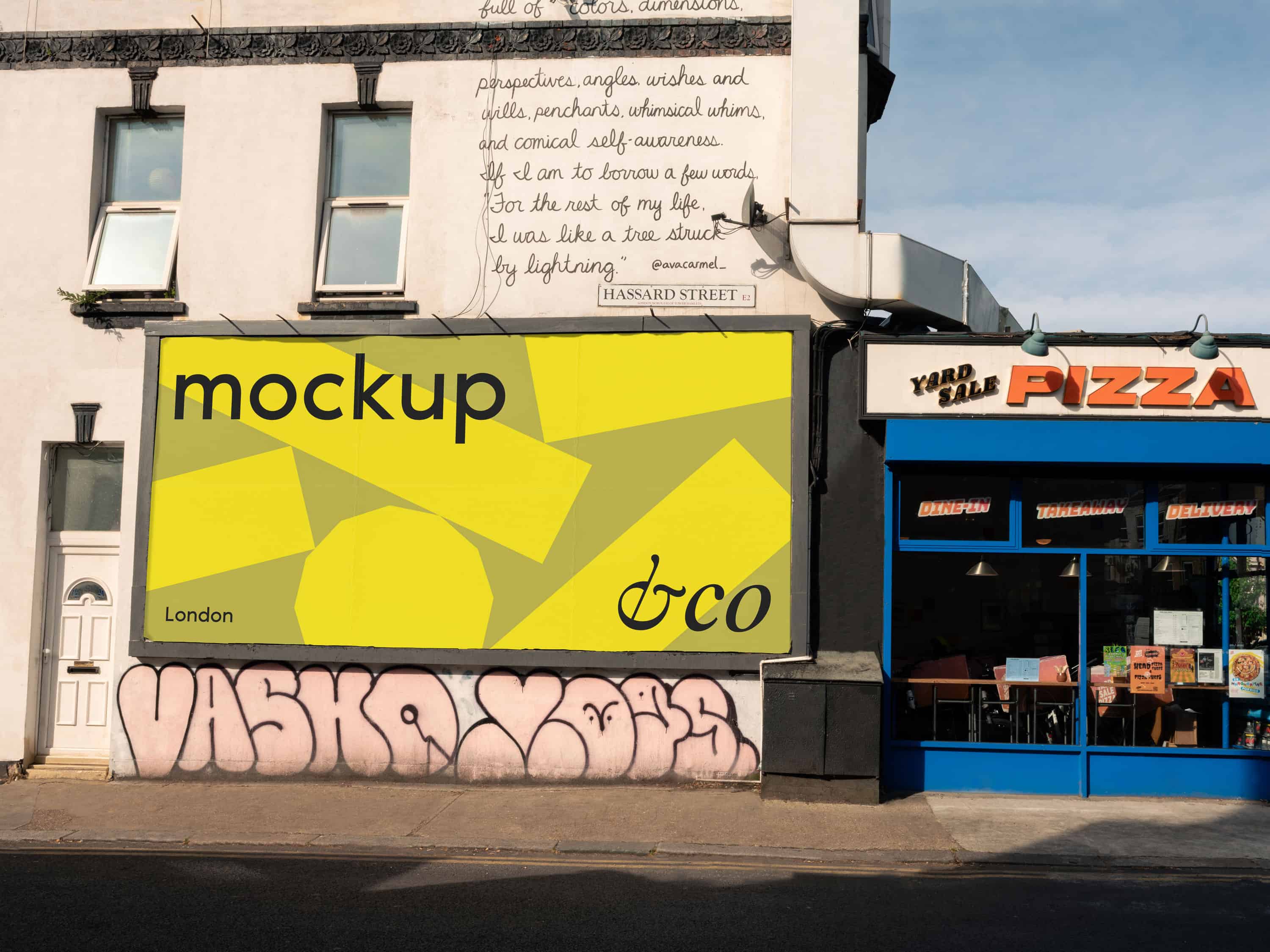 Premium London billboard mockup shot next to a pizza restaurant in the trendy Shoreditch area, featuring a fully editable background for showcasing designs in a vibrant urban setting.