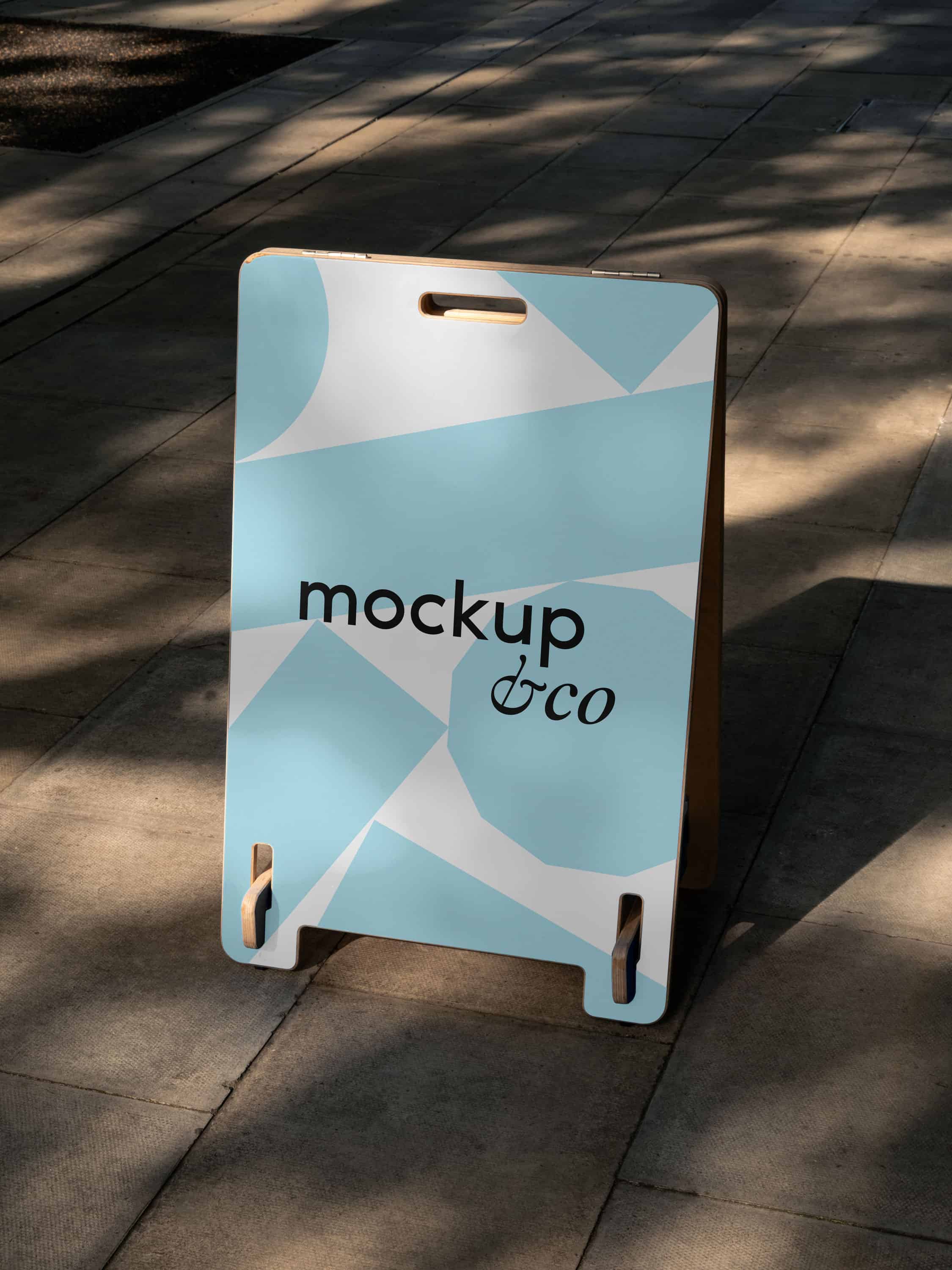 A-frame mockup featuring an editable background with a London cityscape backdrop, ideal for design presentations and branding.