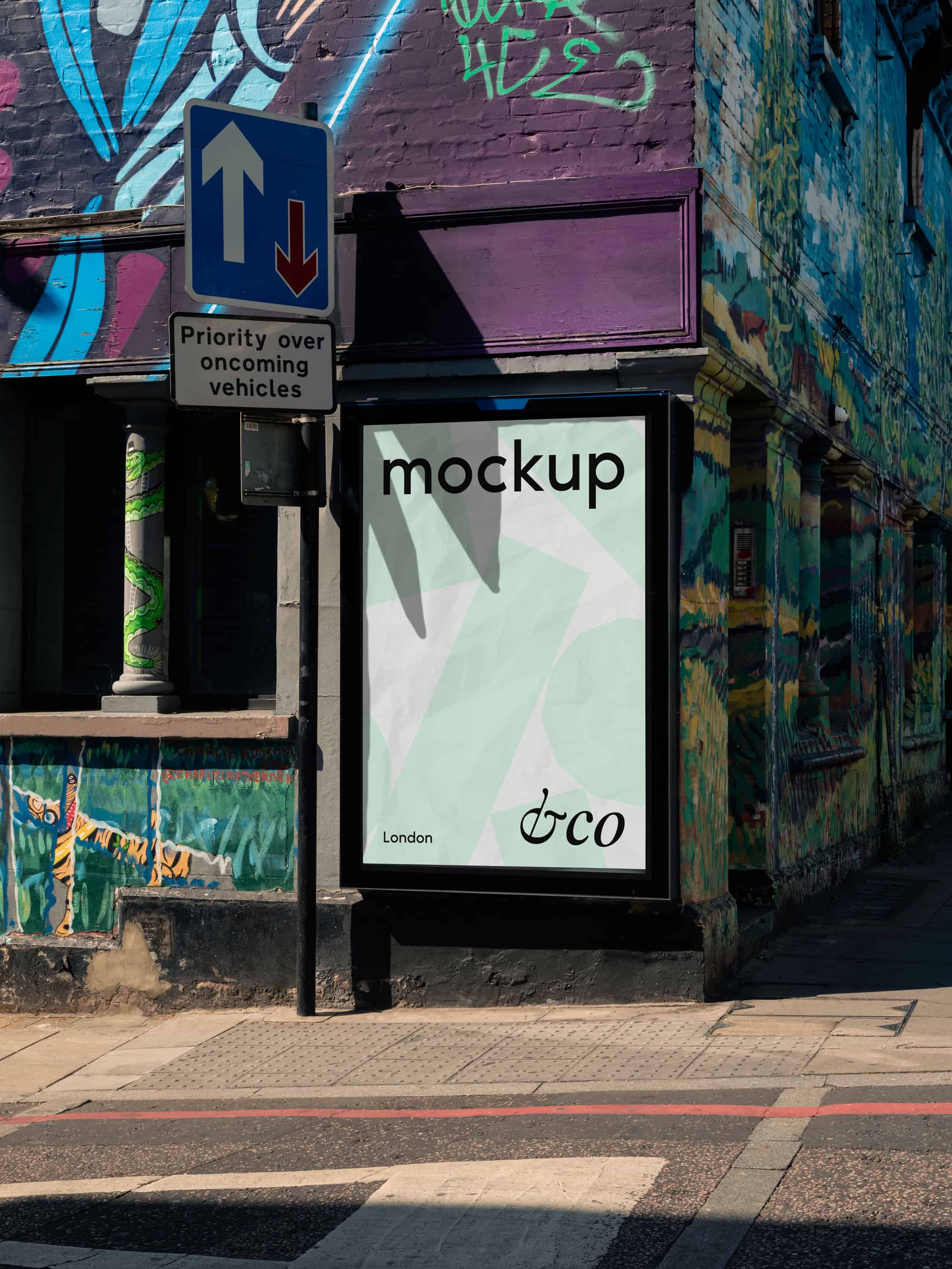 Fully customisable London city poster mockup with a street scene on the side of a road in East London, perfect for urban advertising, street art, and creative design projects