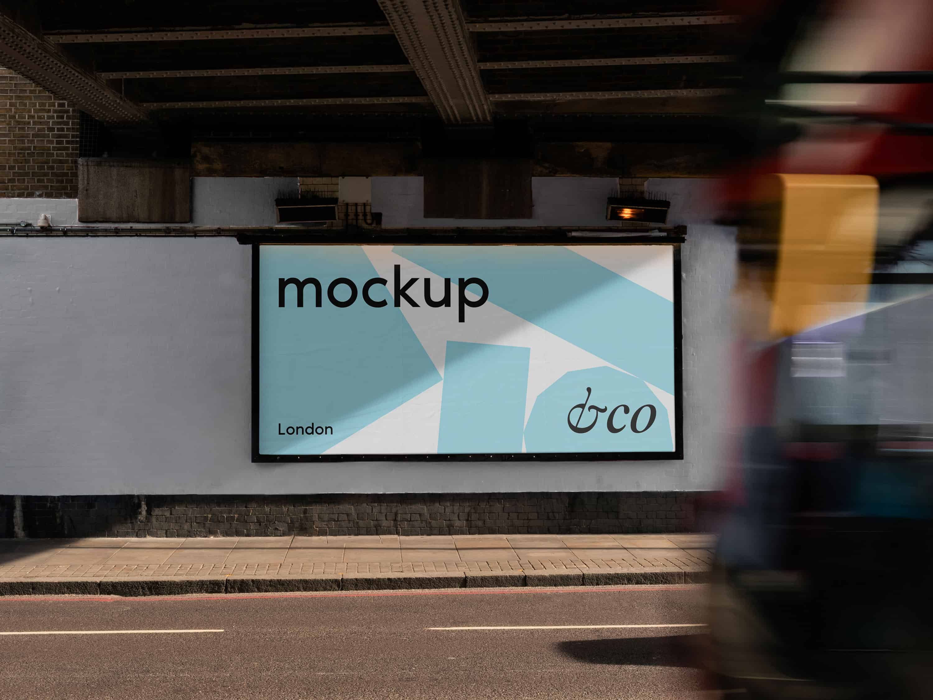 Premium London mockup with a red London bus passing under a railway bridge, representing the city's iconic urban landscape.