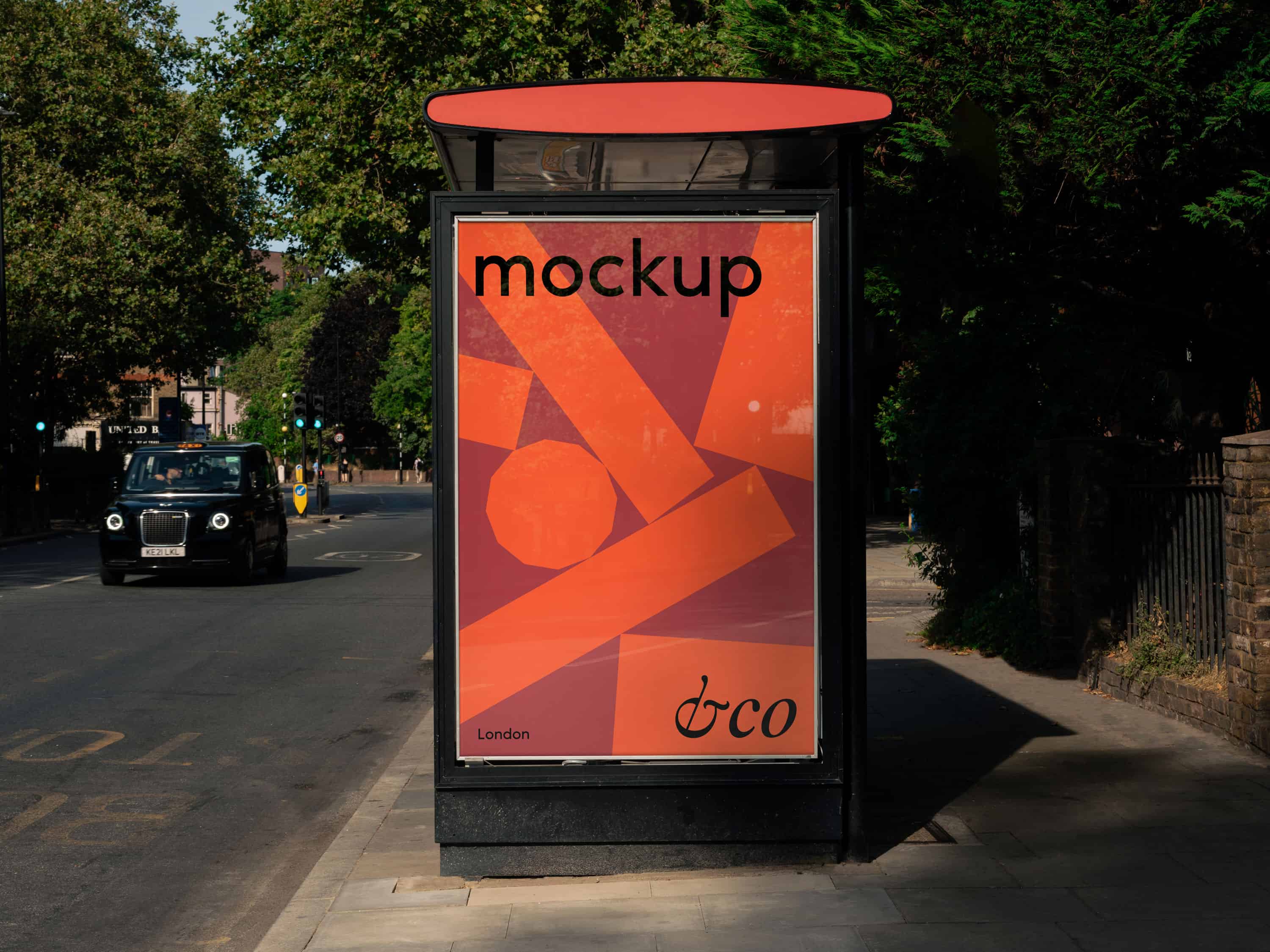 Premium London billboard mockup shot at a bus stop with a London taxi in the background, featuring a fully editable billboard for showcasing designs in an iconic city setting.