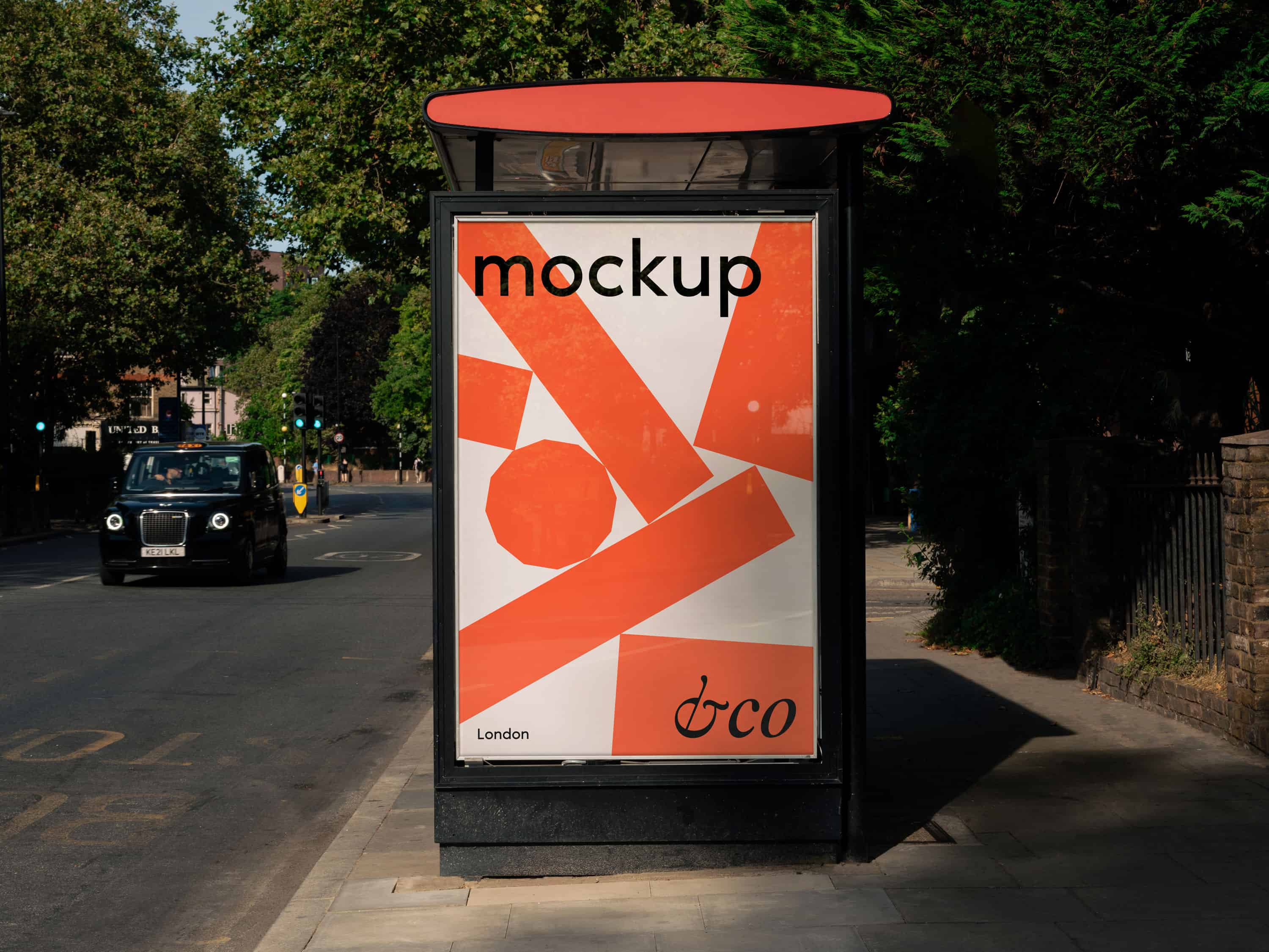 Customisable London billboard mockup at a bus stop, with a London taxi and bustling urban backdrop, perfect for presenting branding, promotional materials, or transportation-related advertising.