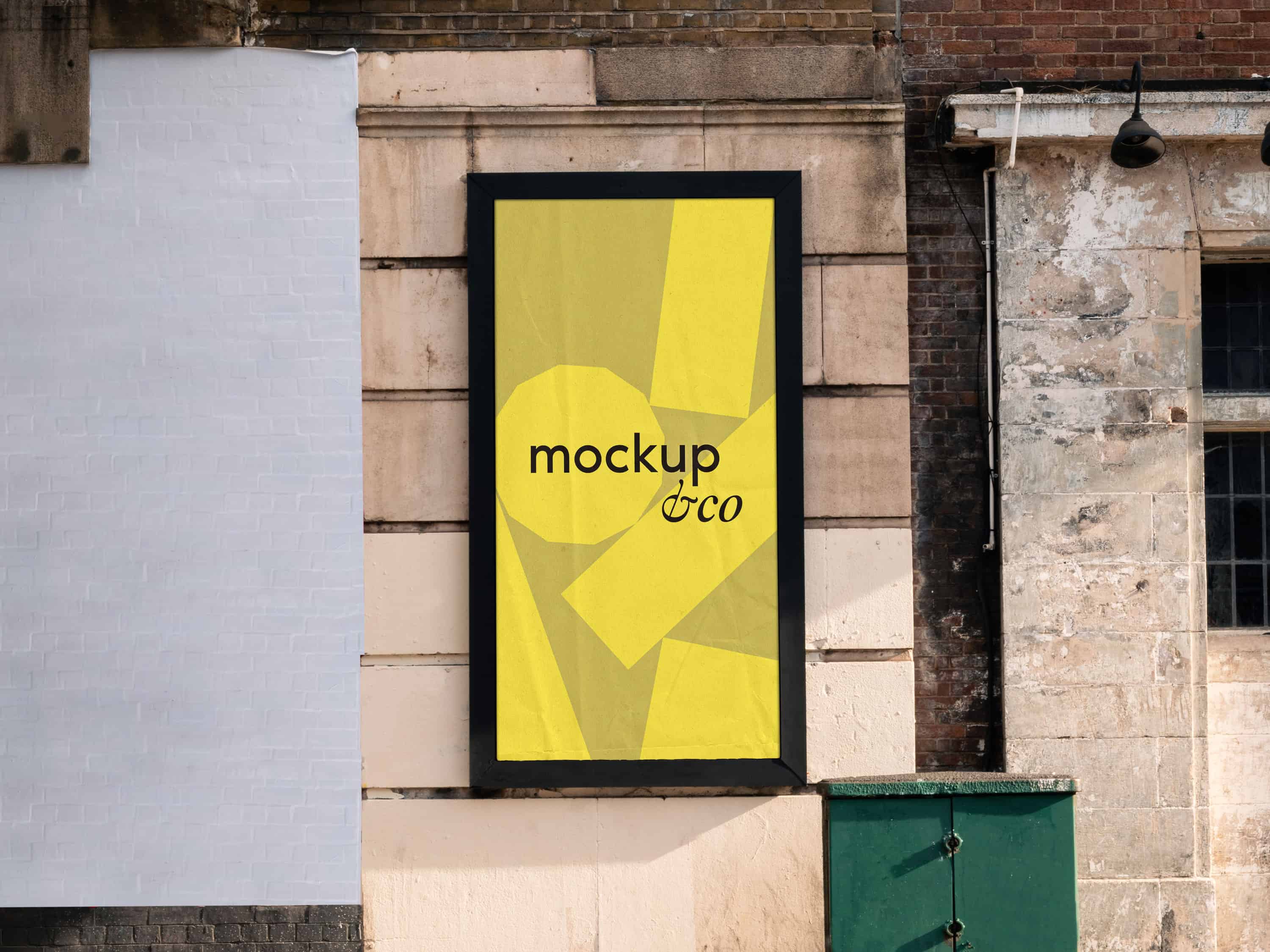 London city poster mockup featuring a Hackney building wall with street art, perfect for showcasing urban and advertising designs in an authentic London setting