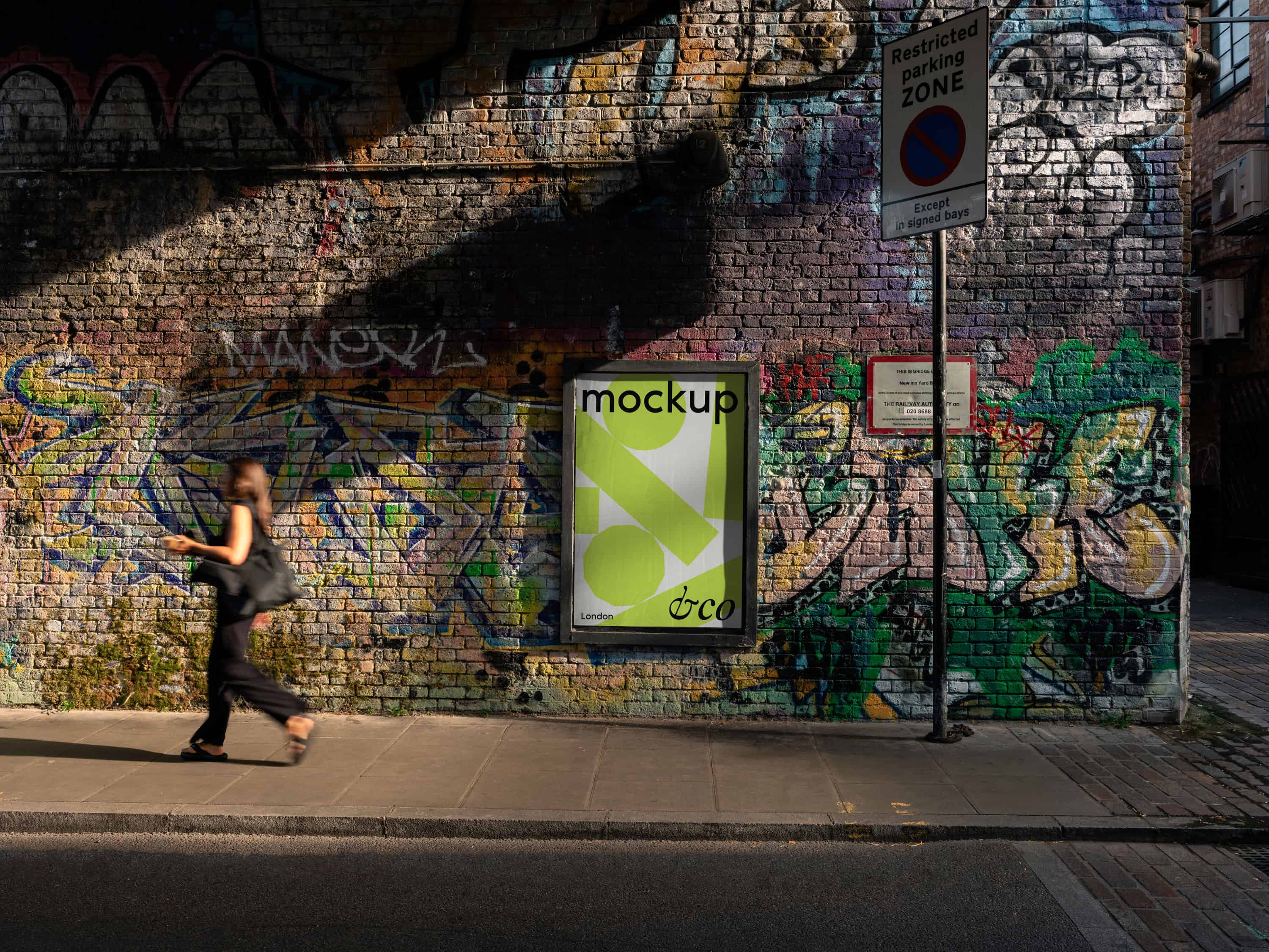Portrait London city poster mockup with colorful graffiti wall in Shoreditch, ideal for urban-themed designs, street art, and promotional advertising projects