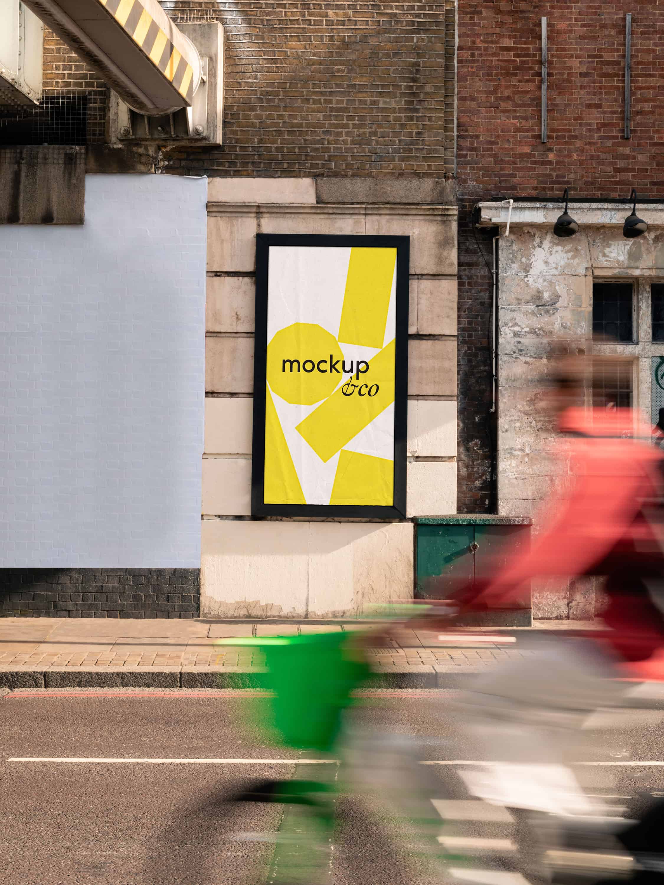 London urban city poster mockup with a bike in the foreground, shot on the side of a building in East London. Ideal for presenting street art, advertising, and urban design projects.