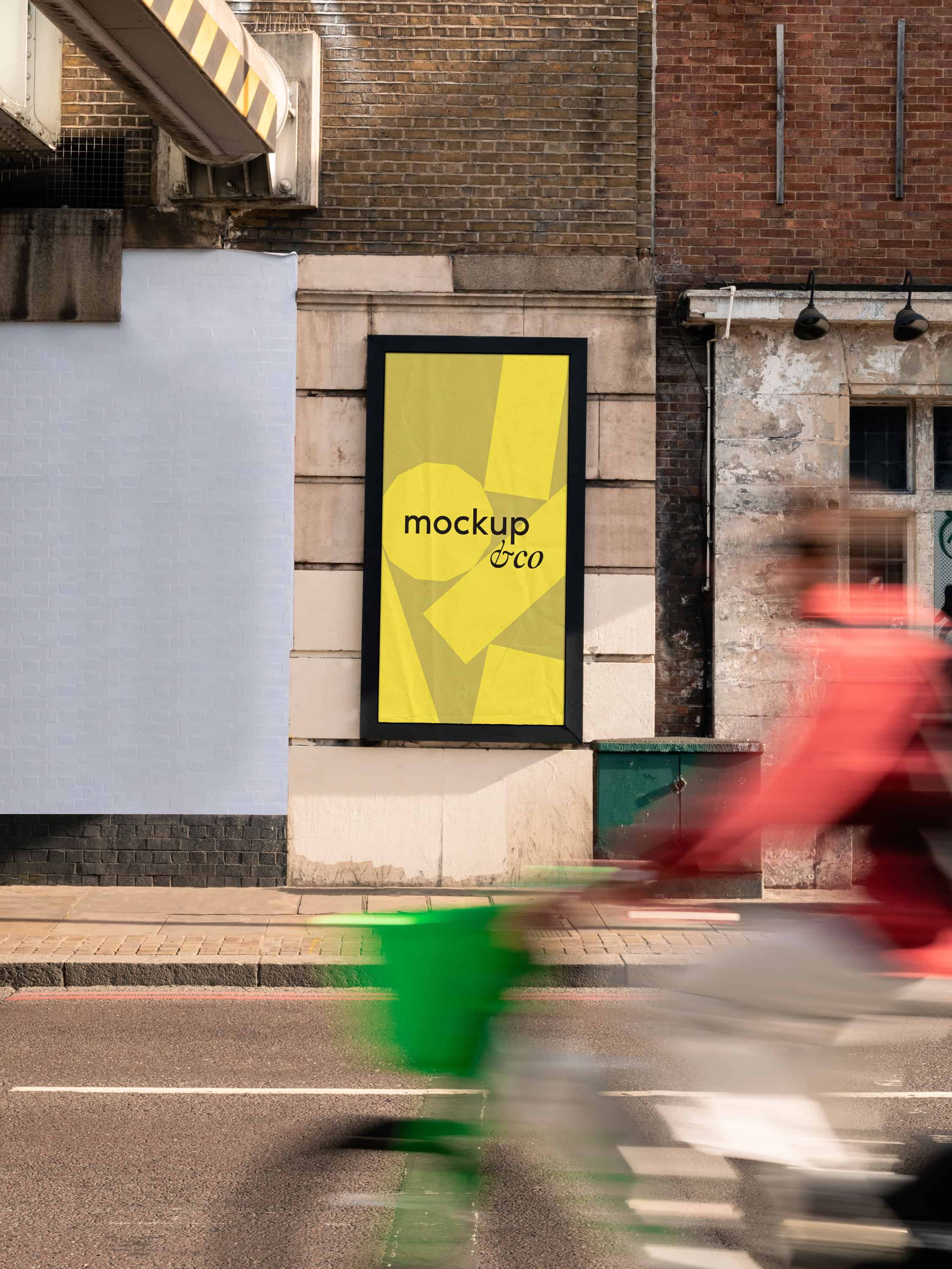 Customisable London urban city poster mockup featuring a bike in the foreground and a building in East London, perfect for showcasing street art, advertising, and urban designs.