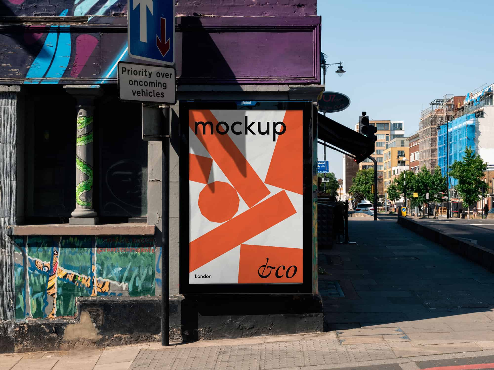 Customizable PSD poster mockup featuring a Shoreditch street scene, ideal for displaying your designs, artwork, or promotional posters