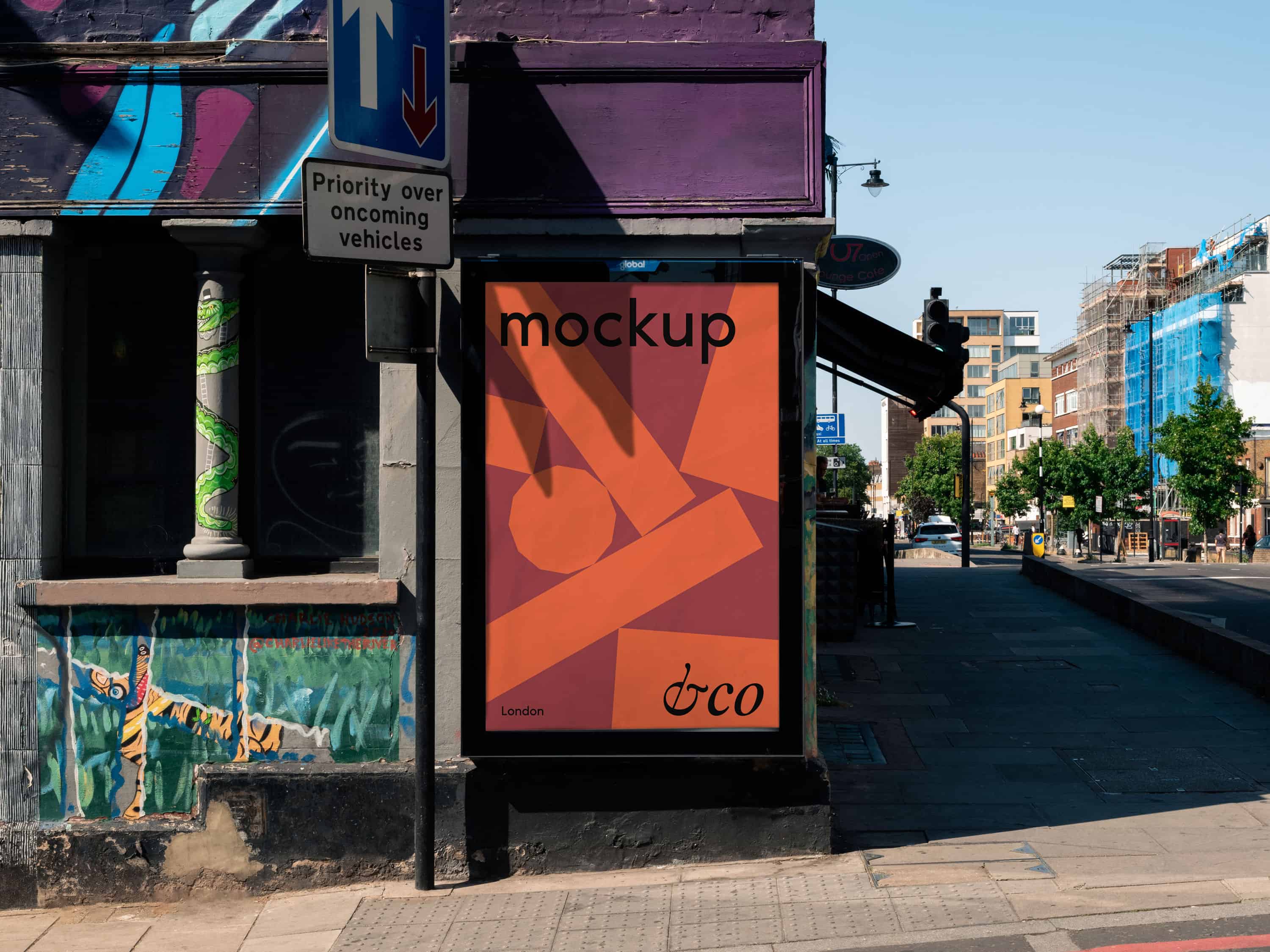 Premium customizable poster mockup shot in Shoreditch, London, perfect for showcasing artwork or advertising designs in a real urban setting