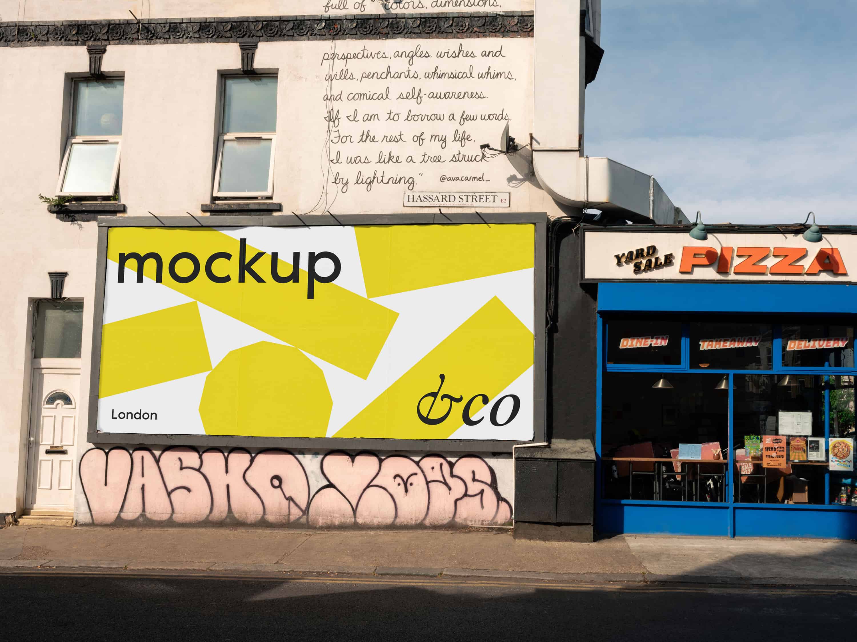 Customisable London billboard mockup next to a pizza restaurant in Shoreditch, perfect for presenting branding, food campaigns, and digital designs in a lively, urban environment.