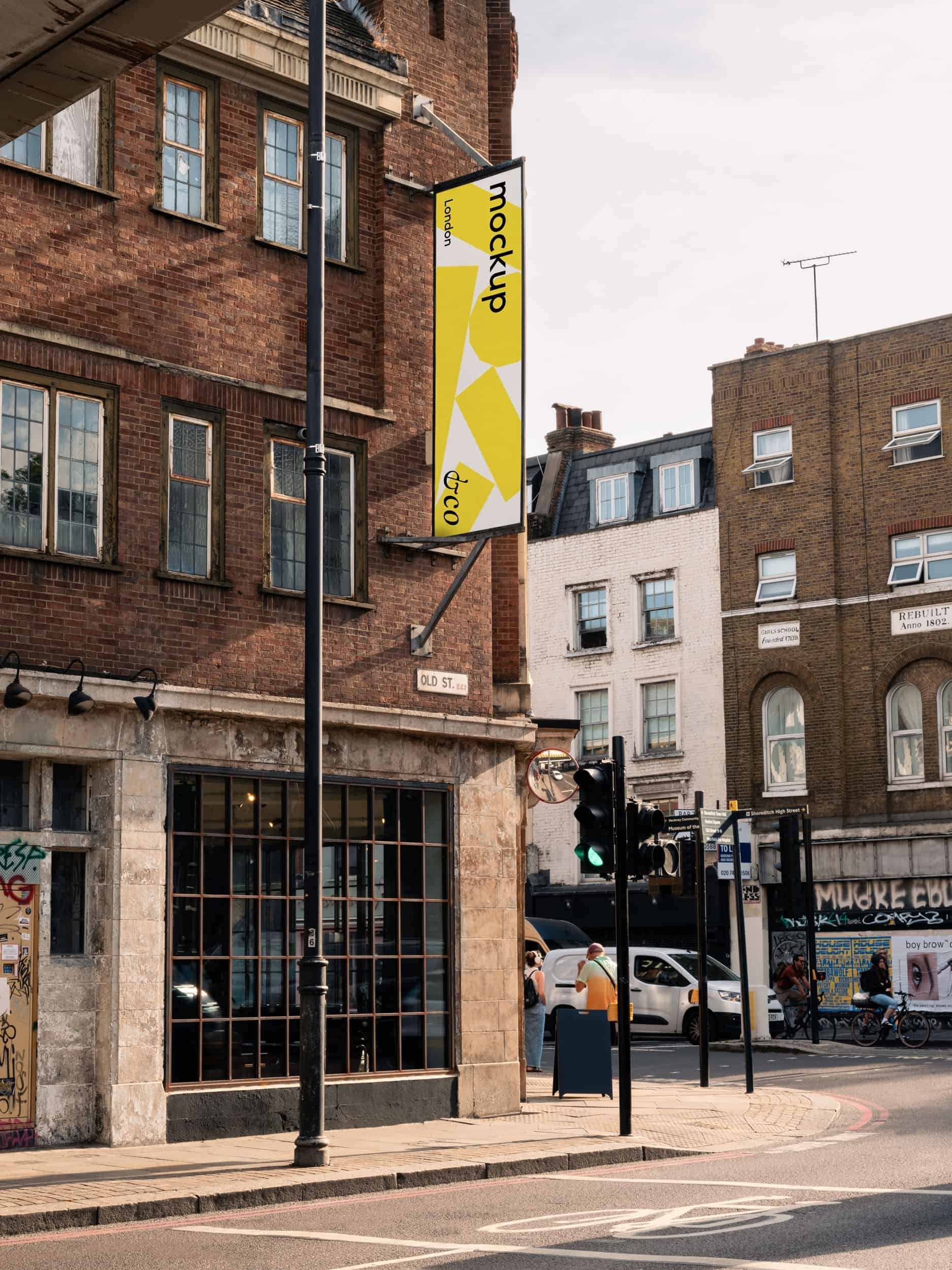 London urban city banner mockup shot on the side of a building in Old Street, perfect for displaying street art, advertising, and urban branding projects.