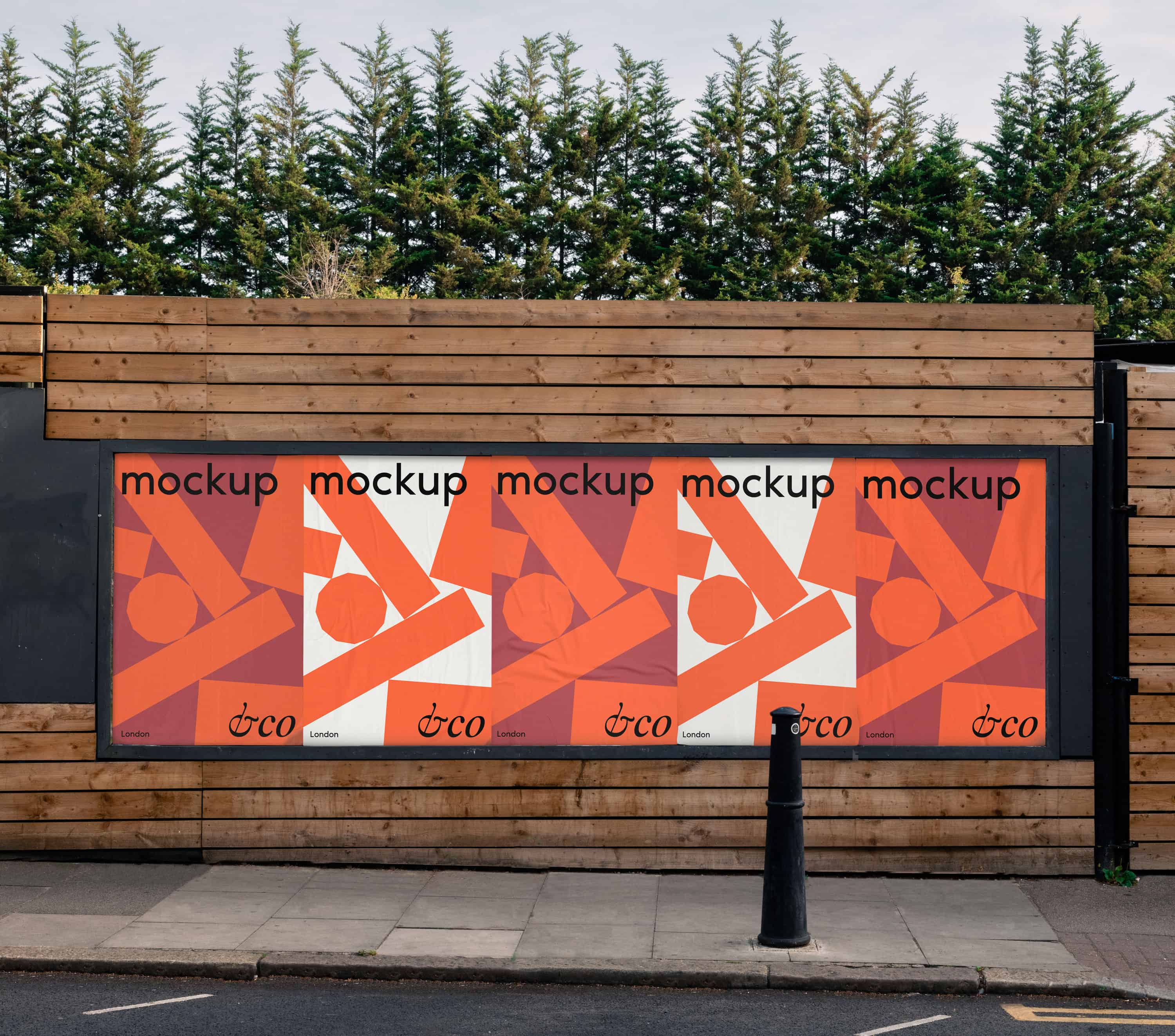 Mockup of five customisable portrait posters on display in East London. Each poster is fully editable, with PSD and JPEG files provided upon purchase.