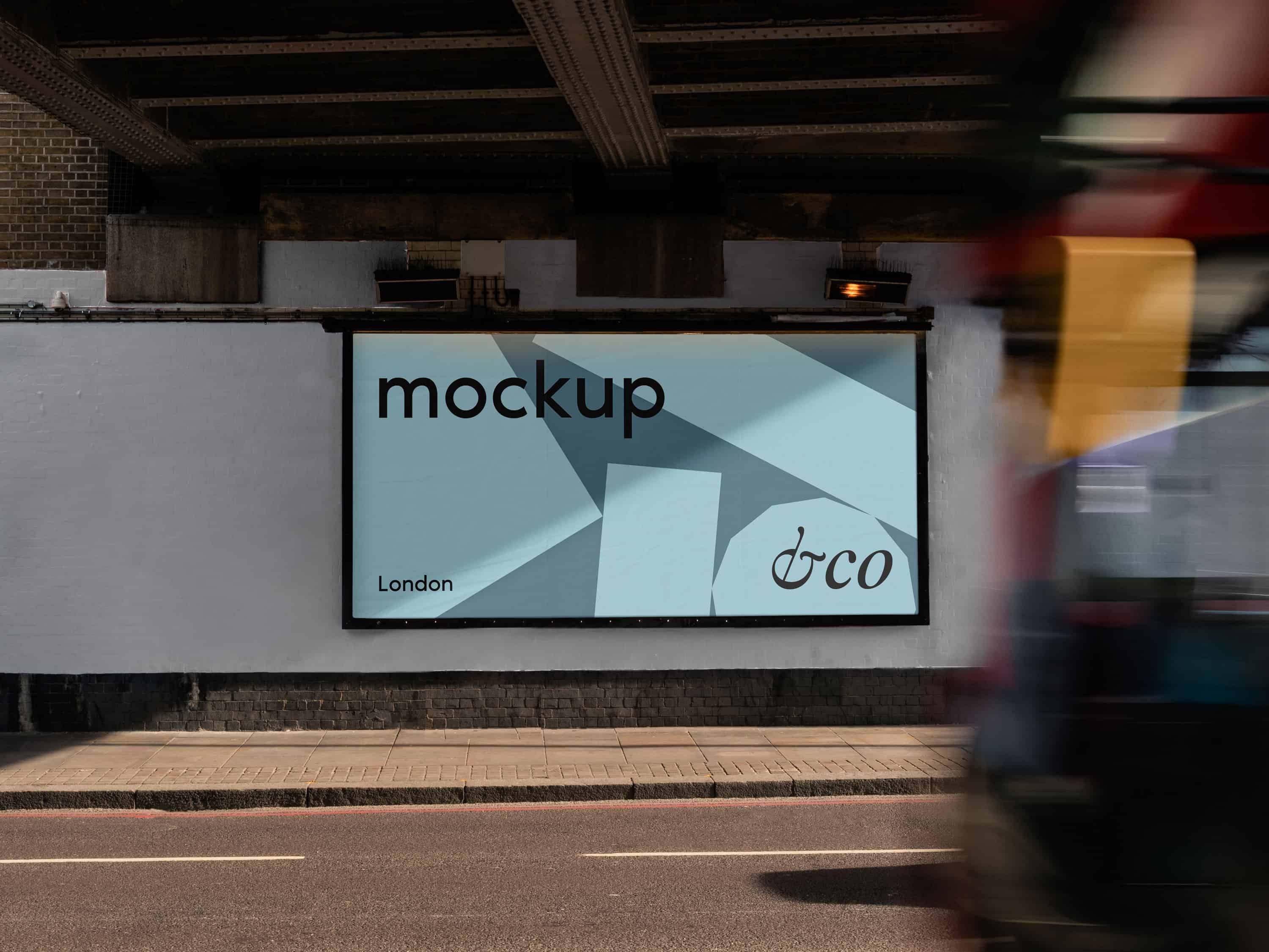 Premium London mockup with a red London bus passing under a railway bridge, representing the city's iconic urban landscape.